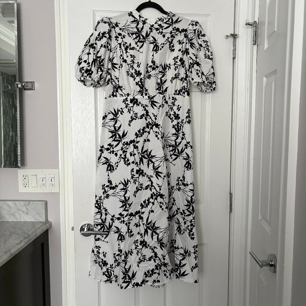 Zara White Midi Dress with Black Floral Print and Puff Sleeves